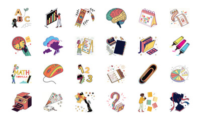 Creative Education Icons Set with Learning Tools, Brain, Calendar, Equation Board, Stationery, Math, Puzzle, Notebook, Printer and Trophy