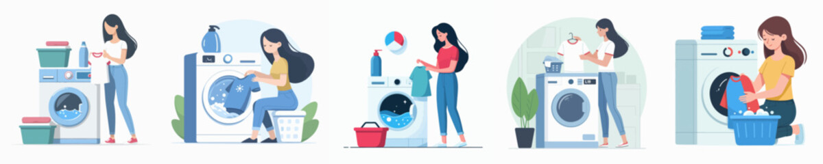 vector of a woman washing in a washing machine