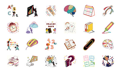 Creative Education Icons Set with Learning Tools, Brain, Calendar, Equation Board, Stationery, Math, Puzzle, Notebook, Printer and Trophy