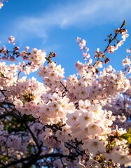 Blossoming cherry blossoms against a vibrant blue sky