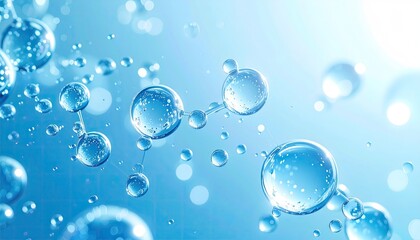 Abstract image of water molecules.  Bubbles and spheres of light blue, representing molecules and atoms, with connecting lines, against a light blue backdrop.  Delicate, scientific visual