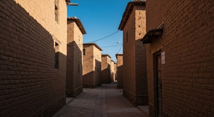 Fototapeta premium Sun-drenched alleyway between terracotta homes
