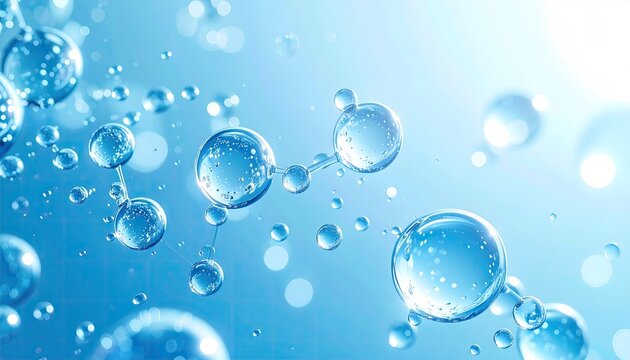 Abstract image of water molecules.  Bubbles and spheres of light blue, representing molecules and atoms, with connecting lines, against a light blue backdrop.  Delicate, scientific visual