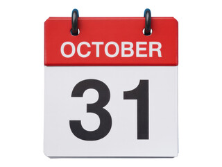October 31st Calendar Page Displaying Halloween Date with Red Frame and Black Numbers on Transparent Background for Graphic Design