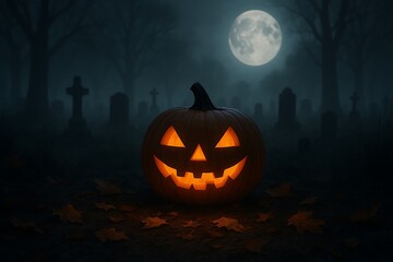 Spooky jack o lantern halloween pumpkin glowing in a dark cemetery under a full moon