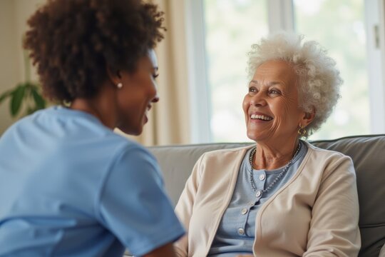 An African-American Caregiver Interacting with Elderly Resident in a Nursing Home