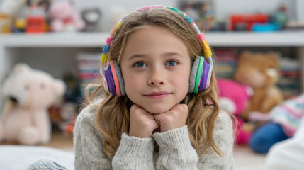 Smiling girl with colorful headphones relaxing in cozy room filled with toys
