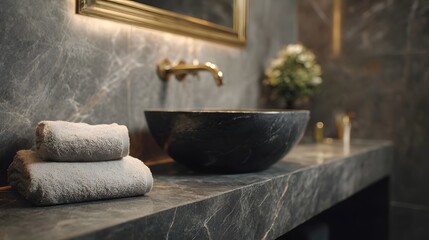 A sophisticated modern bathroom features a dark marble sink golden faucet and neatly folded towels on a sleek stone vanity under a backlit mirror