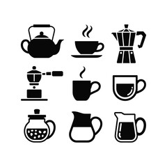 Collection of coffee and tea appliances iconic symbols for cafes and beverage businesses
