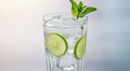 Fototapeta premium Refreshing tall glass of sparkling water with lime slices and fresh mint garnish