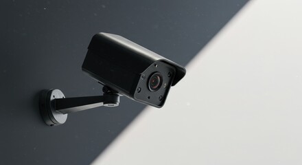 Fototapeta premium Close up of a black security camera mounted on a dark wall gourmet, delicious, cuisine, food photography, background