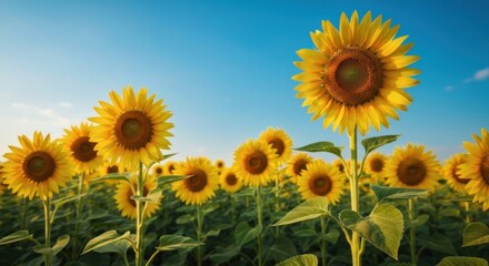 Obraz premium Sunflowers in a field against a clear blue sky