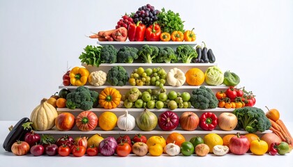 Color-organized fruit and vegetable pyramid showcasing dietary diversity and nutritional balance.