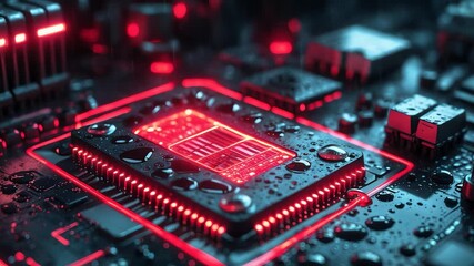 Glowing red microchip on dark electronic circuit board with neon lighting and water droplets highlighting advanced digital technology - Powered by Adobe