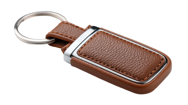 Tan leather-wrapped USB flash drive key chain.  Metal rings and accents