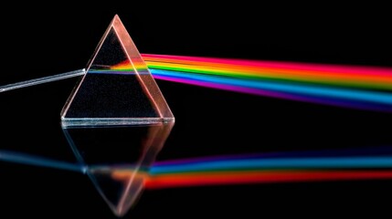 Naklejka premium A clear triangular prism disperses light into a vibrant rainbow spectrum on a reflective surface,
