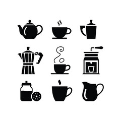 Fototapeta premium Collection of nine black coffee and tea beverage icons set for brewing and serving hot drinks