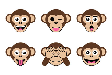 Cartoon monkey faces illustration with cute animal design, funny expressions and jungle wildlife graphics, playful vector set