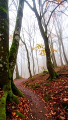 Misty autumn forest path