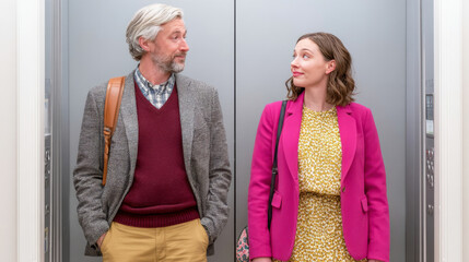 Man and woman standing in elevator facing each other with friendly expressions and casual outfits