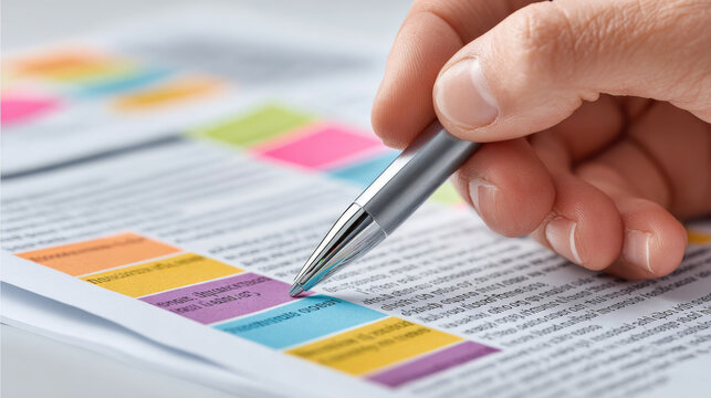 Closeup of hand highlighting text with colorful sticky notes and pen on printed document for studying or organizing - Powered by Adobe