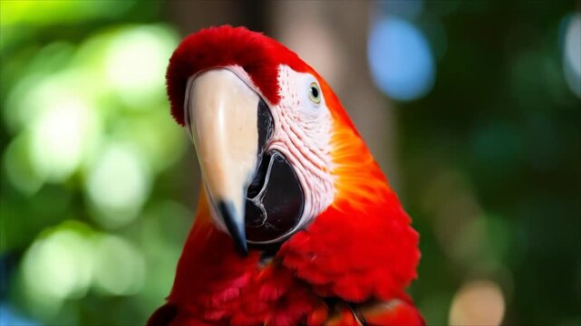 Close up of a vibrant red parrot with detailed plumage and contrasting beak against blurred natural background