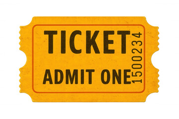 Old, torn, yellow generic admit one ticket isolated on transparent background, perfect for projects related to events, entertainment, and access