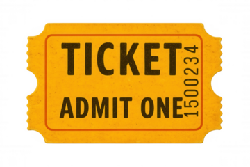 Old, torn, yellow generic admit one ticket isolated on transparent background, perfect for projects related to events, entertainment, and access
