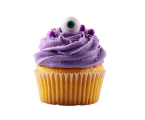 Creative cupcake design with purple frosting and spooky decoration on a transparent background, cut out.