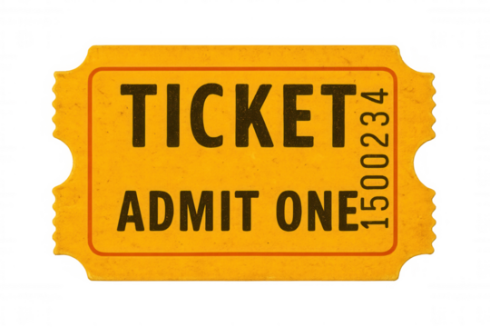 Old, torn, yellow generic admit one ticket isolated on transparent background, perfect for projects related to events, entertainment, and access