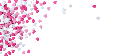 Pink and white heart-shaped confetti scattered on a black background