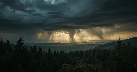 Breaking storm clouds and lightning striking over forested mountain, sunbeams shifting across hills - Powered by Adobe