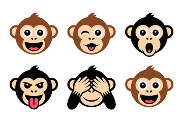 Cartoon monkey expressions illustration with jungle animal design, funny faces and playful graphics, wildlife vector set