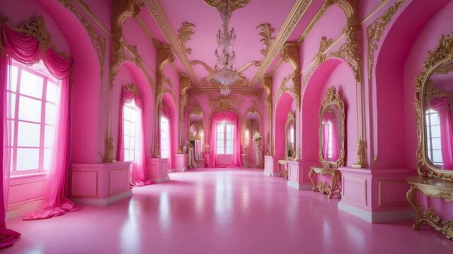 Luxurious baroque style ballroom with ornate golden decorations, grand chandeliers, arched windows and walls painted in elegant pink tones