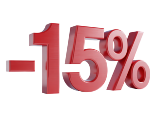 Vibrant Red Minus Fifteen Percent Discount Sign on Transparent Background for Sales Promotions and Retail Marketing Materials