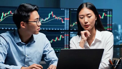 Two professional Asian stock market traders analyze data on a laptop. Their team discussion in front of live financial chart screens embodies collaboration and modern finance.
 - Powered by Adobe