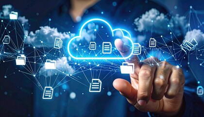 Glowing cloud icon with connected documents and reaching hand over digital world map background.