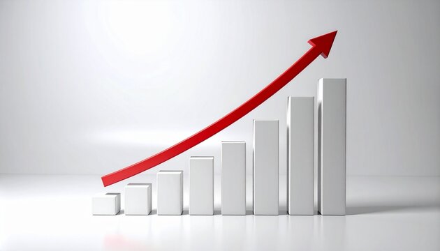 3D bar graph with rising columns and red upward arrow on light gray background.
