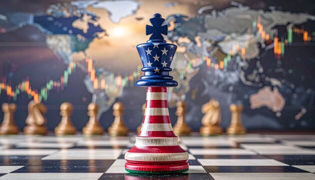 American flag king chess piece on board with world map and financial charts in background. - Powered by Adobe