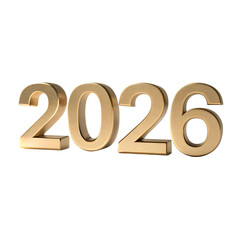 Golden metallic numbers 2026 representing the upcoming year isolated on transparent background