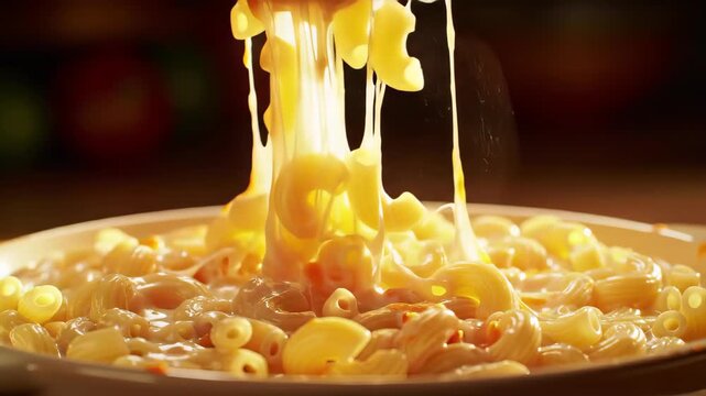 Pulling Macaroni And Cheese with Wood Spoon on a White Plate in Studio Lighting