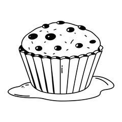 Illustration of a cupcake with chocolate chips and a paper liner on a small puddle of frosting vector illustration