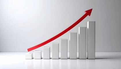 3D bar graph with rising columns and red upward arrow on light gray background.