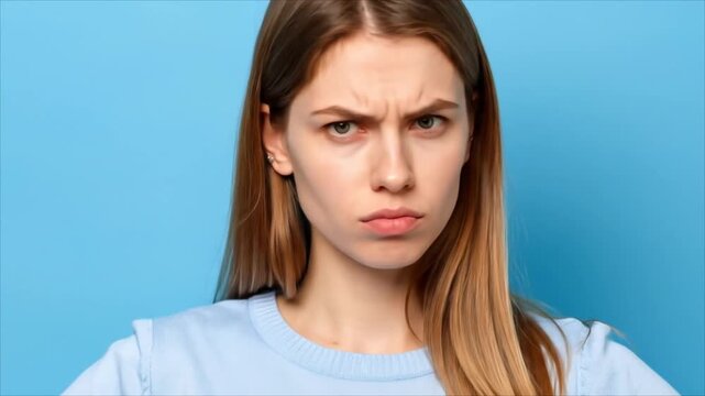 Close up portrait of a young woman with a serious expression against a bright blue background studio shot