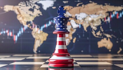 American flag king chess piece on board with world map and financial charts in background.