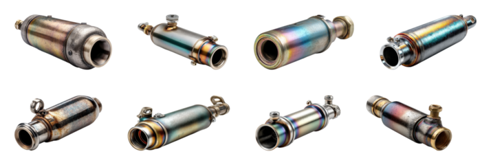 Exhaust components display automotive garage product images PNG set, cut out, isolated on transparent background