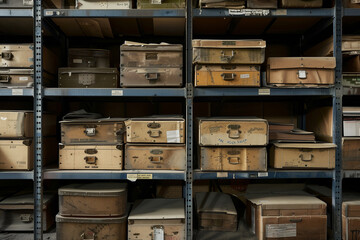 Old Metal Boxes and Cases on Storage Shelves