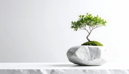 Minimalist bonsai in a white stone pot on a white surface