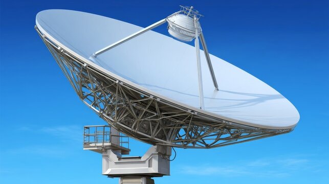 A large parabolic antenna stands against a clear blue sky,