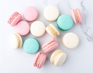 Obraz premium Pastel French Macarons Arranged in a Heart Shape on White Marble Background – Elegant Dessert Flat Lay